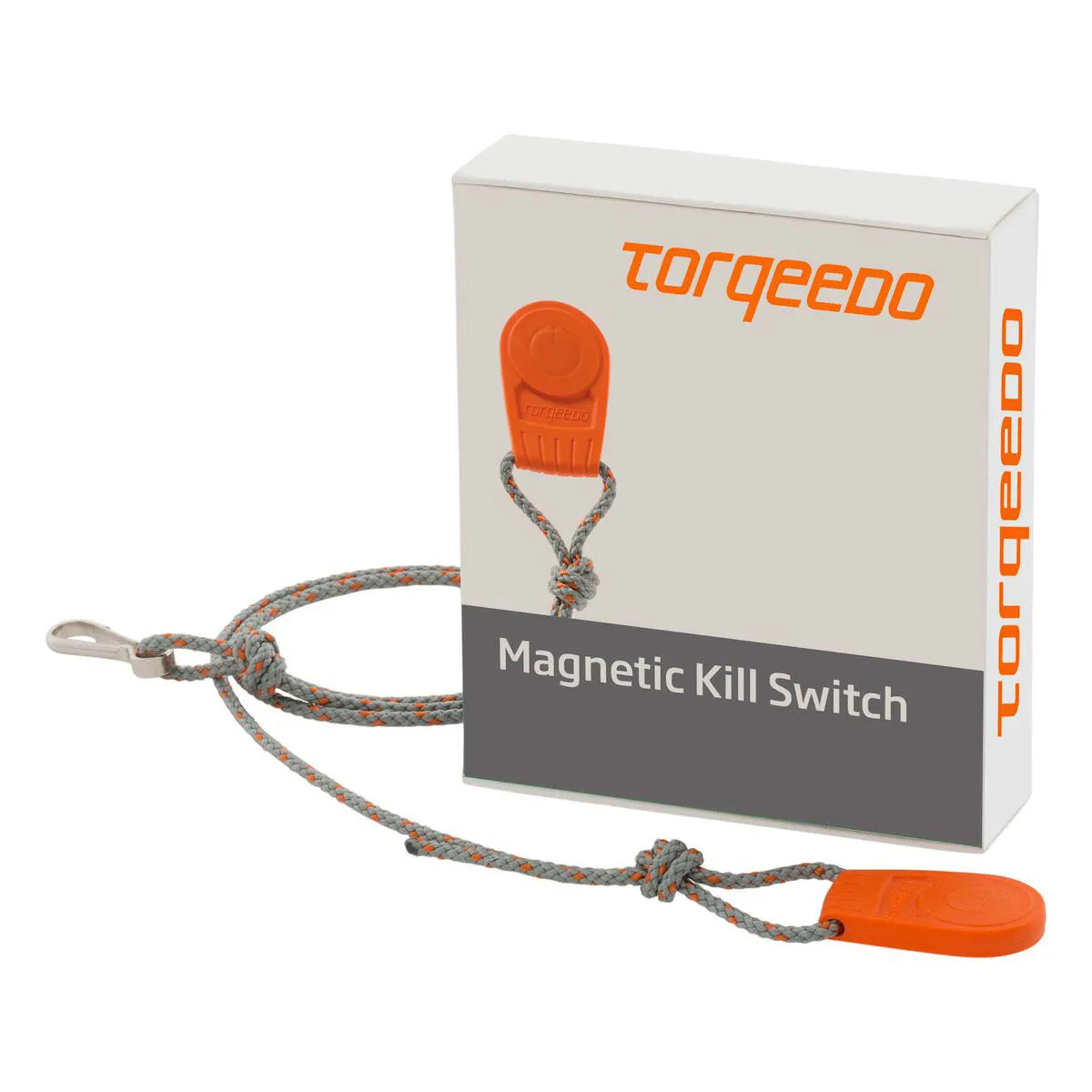 Torqeedo magnetic kill switch with packaging on a white background