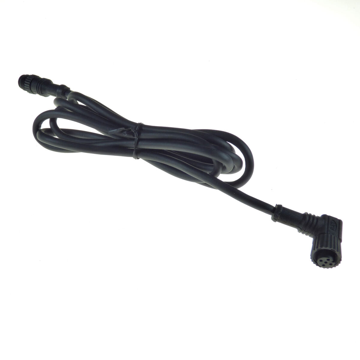 Black cable with connectors on a white background