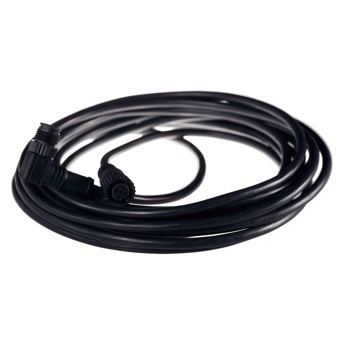 Coiled black cable with connectors on a white background
